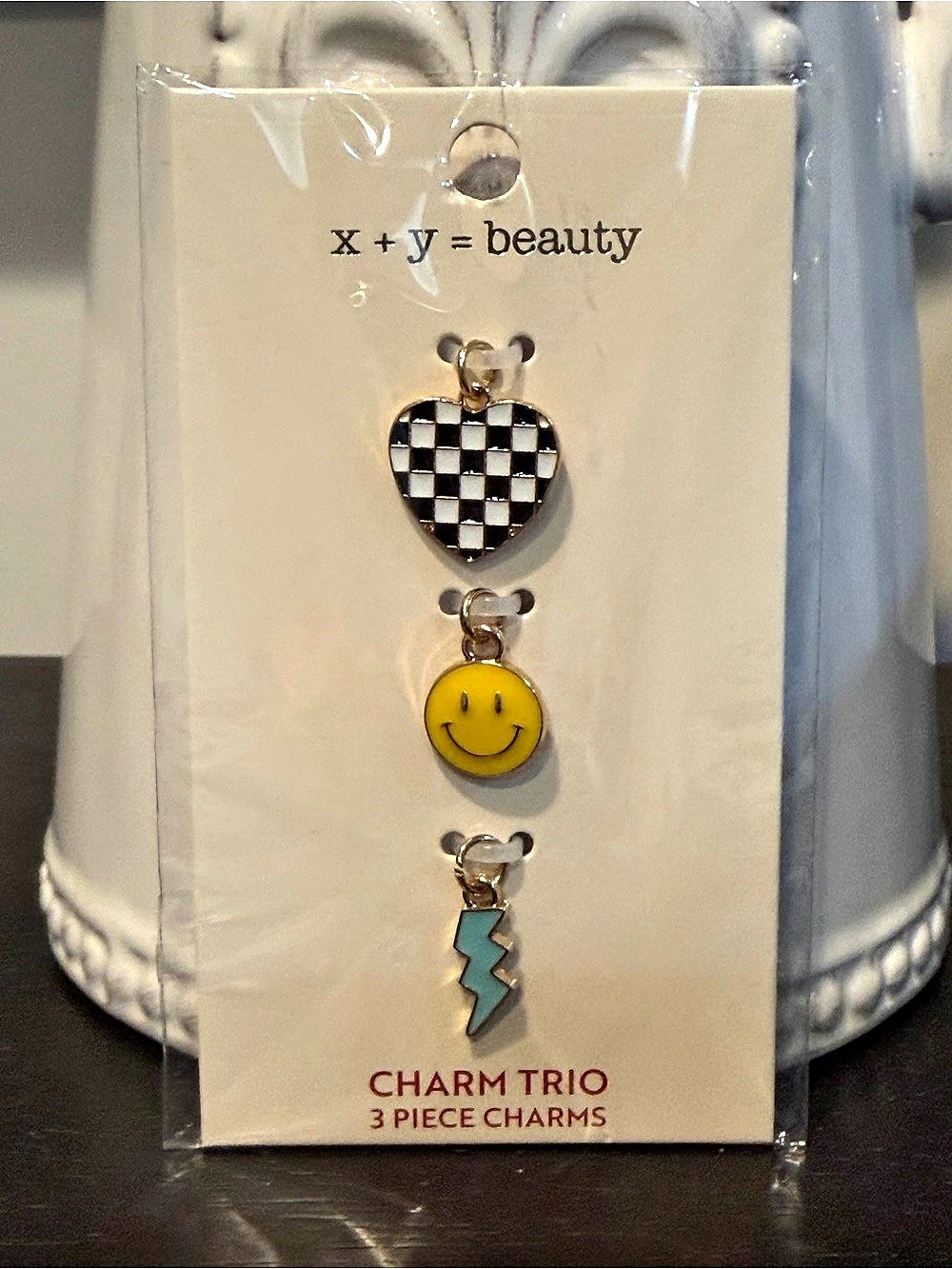 x+y=beauty Charm Trio 3 Piece Charms Checkered Heart Smiley Lightning Bolt